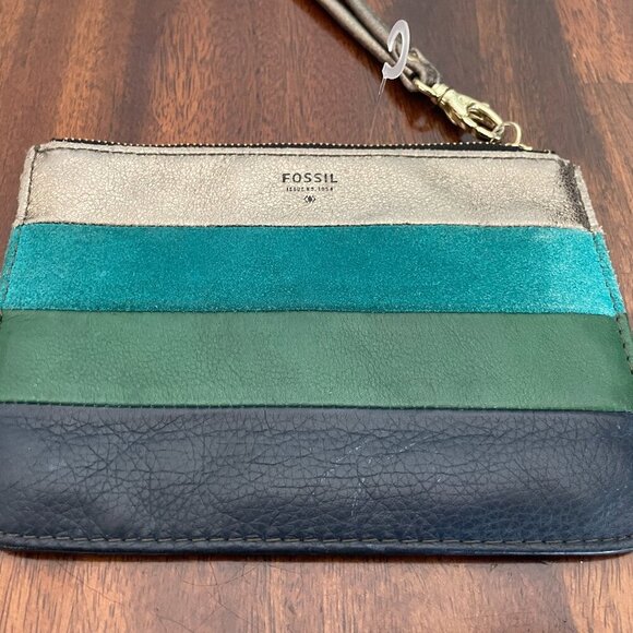 Fossil Green Patchwork Striped Leather Organizer Wallet Wristlet Strap 7" x 5"! - Picture 3 of 5